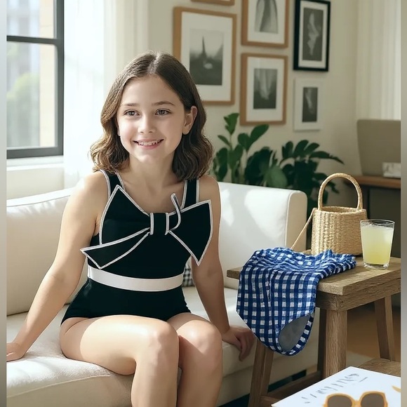 Bmg Other - Elegant Black Bow Kids & checkered blue one piece swimsuits - BUNDLE